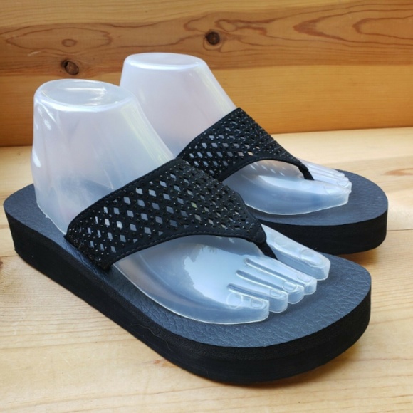 Skechers 9 Yoga Foam Flip Flop Wedge Rhinestone - Picture 2 of 7